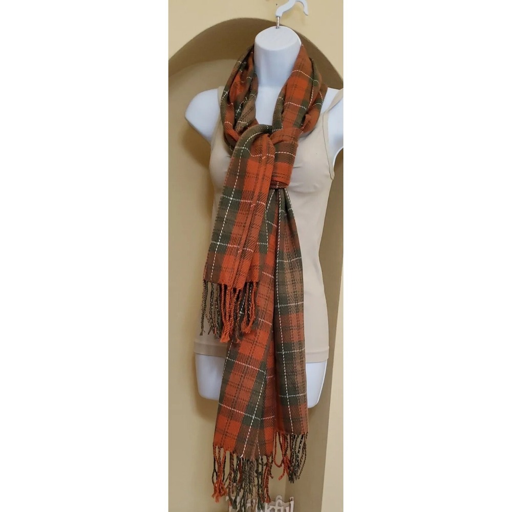 Orange Green Plaid Blanket Scarf Fringed Oversized Autumn Winter Wrap Shawl